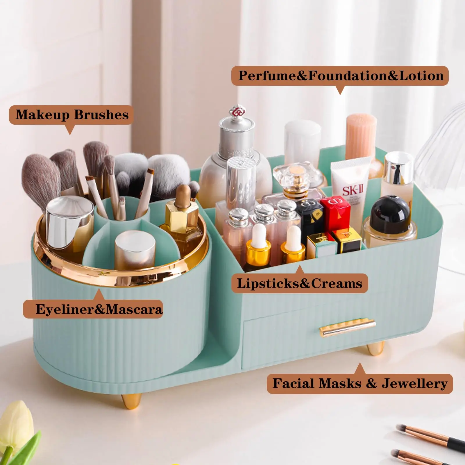 360 Rotating Makeup Organizer for Vanity with Brush Holder Drawer Large Spinning Cosmetic Storage Box For Women Gift