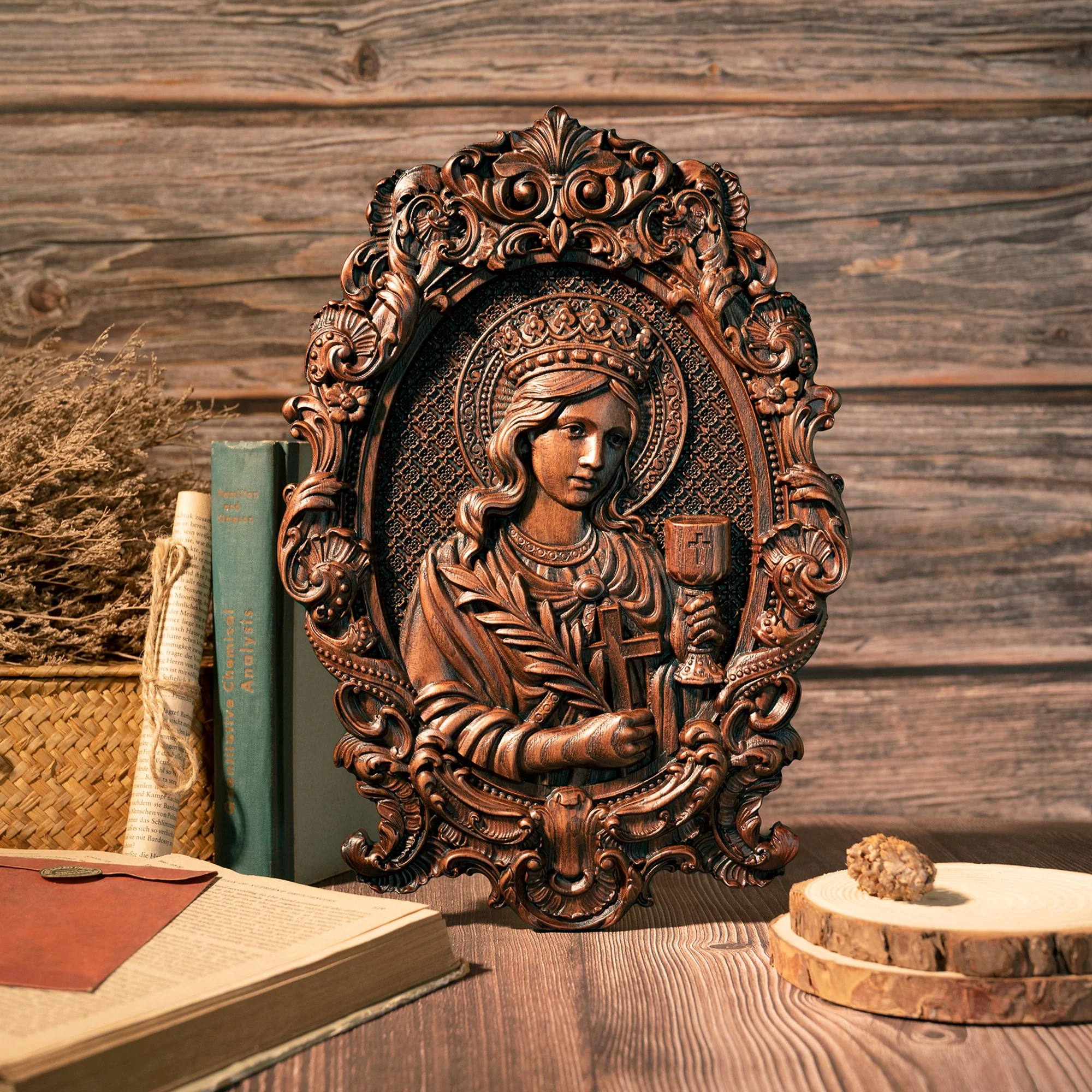 

Saint Barbara Artillery Wood Carving Patron, Religious Mural, Home Interior Wall Decor, Relief Wooden Gift