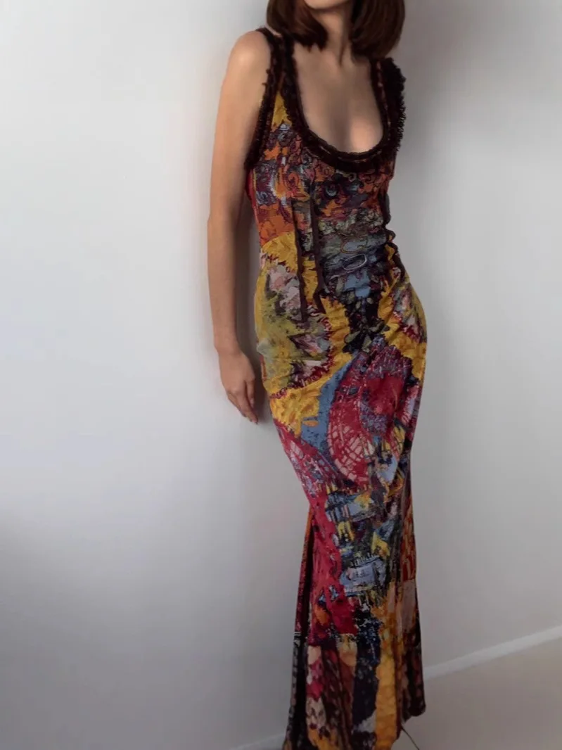 Women's Vintage Oil Painting Print Bodycon Dress Sexy Backless Cut-out Maxi Skirt Slim Fit Slip Dress