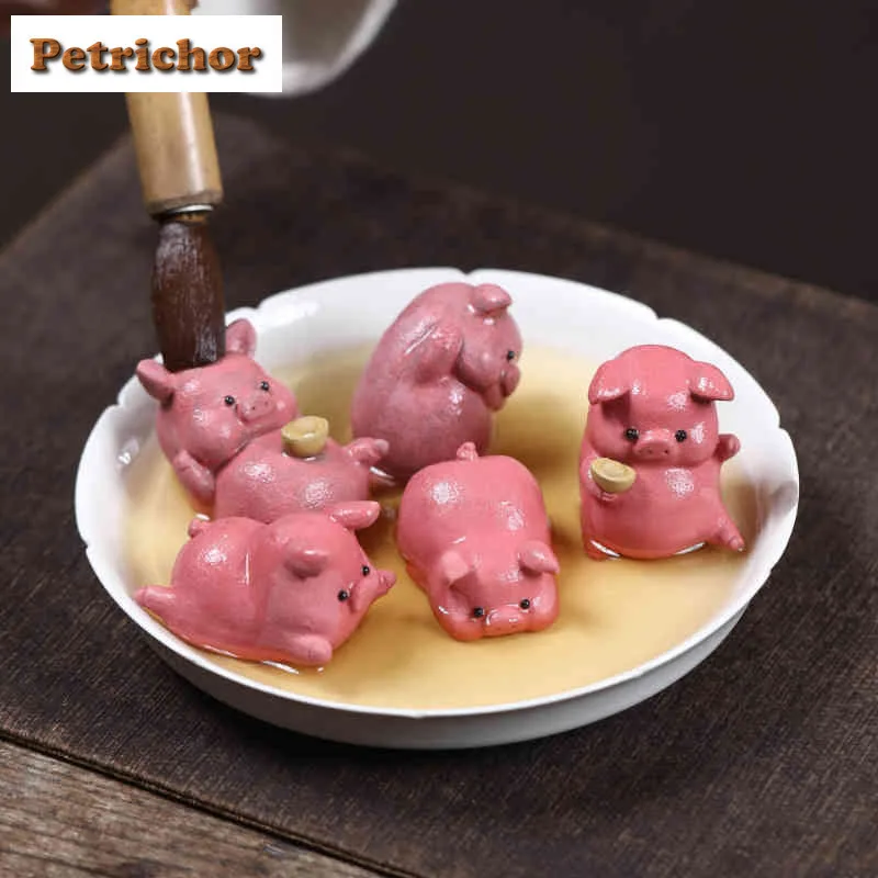 Yixing Purple Clay Mini Little Pink Pig Tea Pet Retro Flowerpot Landscaping Tea Figurine Play Toys Tea Statue Ornaments Gift - view 5