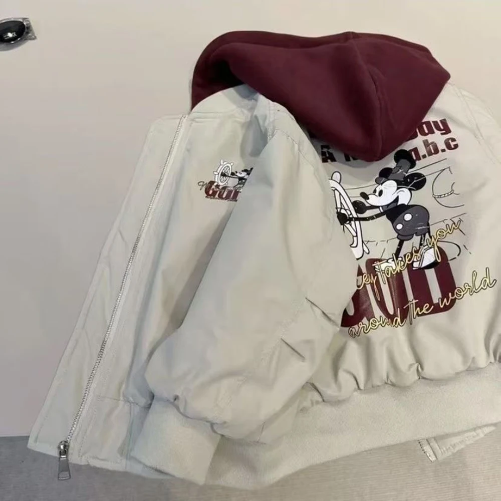 

Disney Cartoon Mickey Print Jacket For Girls Cute Hooded Thickened Outwear Versatile Fashion Autumn Winter Children's Coat Tops