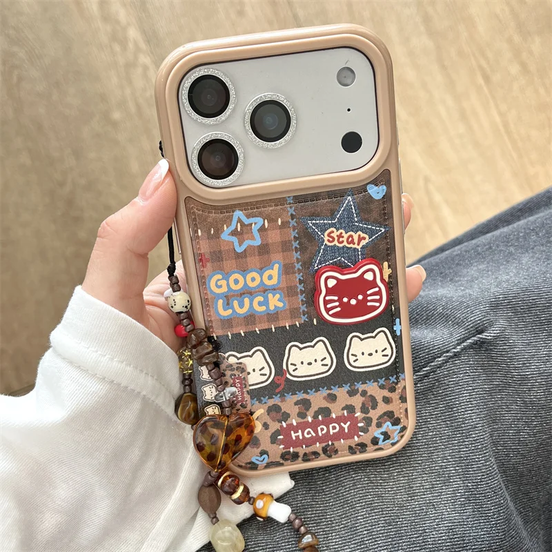 

Kawaii Cartoon Cat Star Plaid Leather Phone Case For iPhone 17 Pro 16 15 14 Pro Max 17 Cover with Chain Shockproof Protective Ca