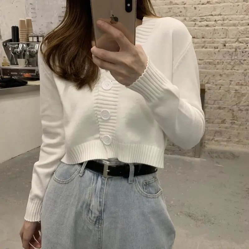 Women's Fall Winter Outer Solid Color Cardigan Long-sleeved Short Knitted Tops Ladies Button V-neck Pullover Sweater 2025