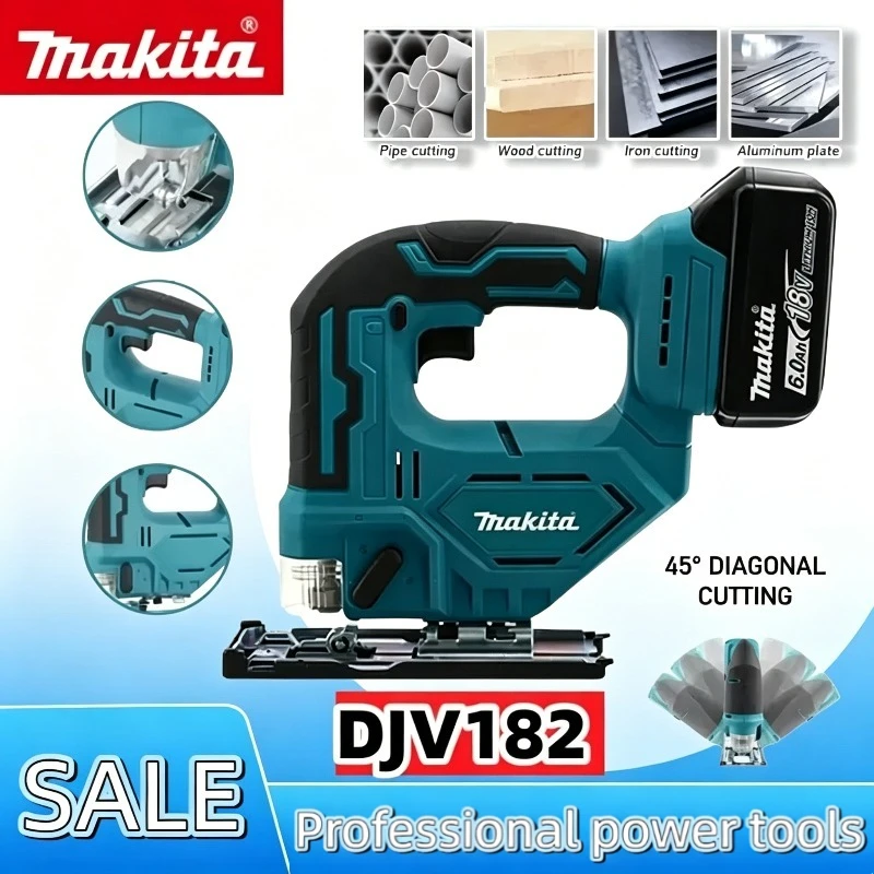 

Аккумуляторный лобзик Makita DJV182Z: 300 Вт, 0-2700 об/мин, угол резки ±45° ° Угловой резак для резки дерева, пластика и металла, совместимый с аккумуляторами Makita