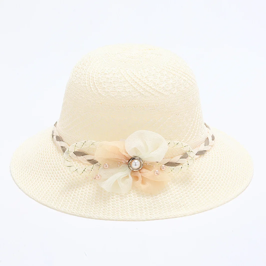 Pearl Flower Women Lace Sun Bucket Cap for Ladies Summer Beach Seaside Foldable Hollow Breathable Sunscreen Straw Hat Protection