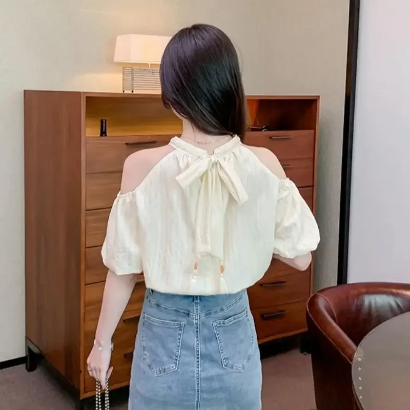 Kawaii with Bow Women's Shirt and Blouse Chiffon Puffy Sleeves Cute Female Tops Sexy Cool Tall Elegant Chic Luxury Social M Fine