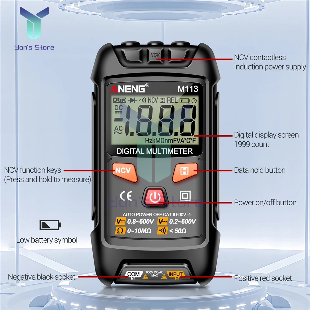 ANENG M113 자동 전문 디지털 멀티미터 1999 카운트, 자동 AC/DC 전압 테스터, 옴 전류 전류계 감지기 도구, 1 개