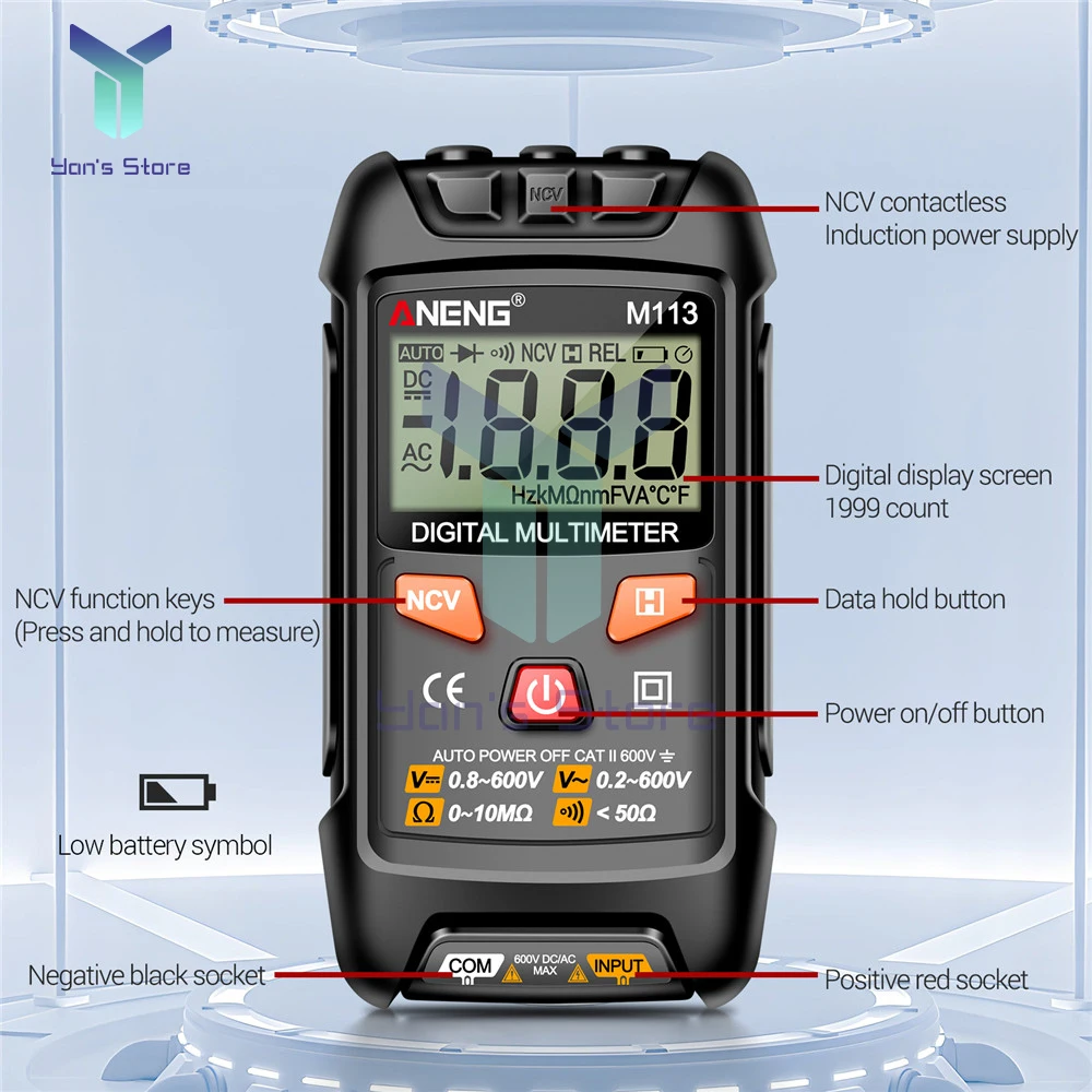 Imagem -04 - Multímetro Digital Profissional 1999 Contagens Auto ac dc Votage Tester Ohm Corrente Amperímetro Ferramenta Detector 1pc Aneng-m113