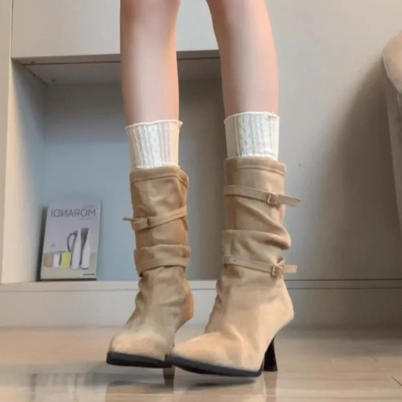 2025 موضة جديدة كعب رقيقة أحذية بوت قصيرة موضة مشبك الجلد المدبوغ مطوي الأحذية الحديثة تنوعا أشار تو المرأة خنجر الكعوب #5