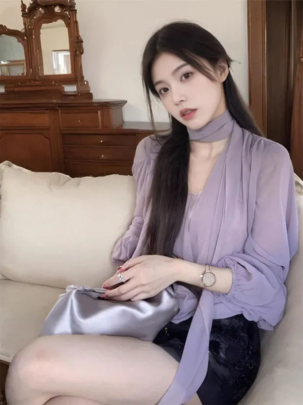 

Unique Purple Shirt Women's Spring 2025 New Style Thin Tulle Outerwear Elegant Beautiful Mysterious Snowflake Small Top