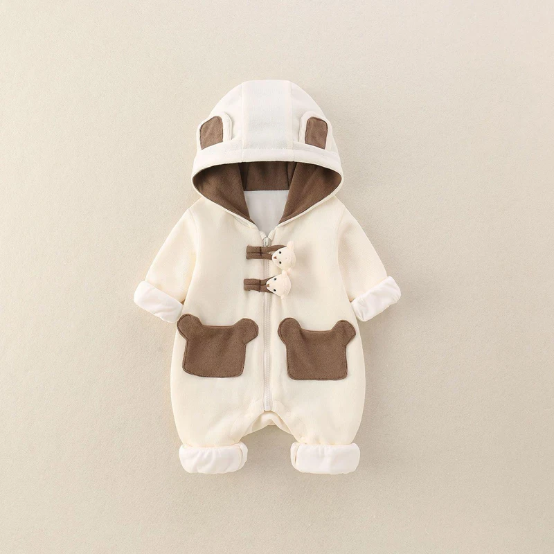 IYEAL Baby Bear Ear Hooded Romper, Cartoon Pocket Zipper Long Sleeve Jumpsuit, Cute Newborn Infant One Piece Outfit