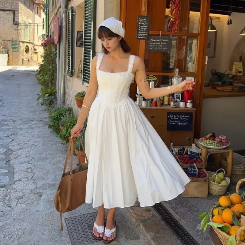 Vestido con estampado Floral para mujer, elegante vestido de fiesta por debajo de la rodilla con cordones en la espalda, vestido de vacaciones elegante blanco y rosa para verano 2025