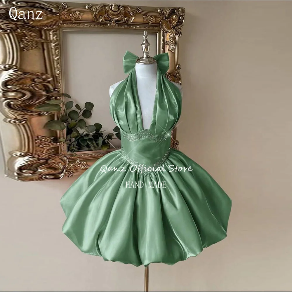 Vestido de Graduación Qanz de Satén, Estilo Halter, Sexy, con Espalda Descubierta y Cristales, Vestidos de Graduación Elegantes Juveniles, Mini Vestido de Cumpleaños Personalizado