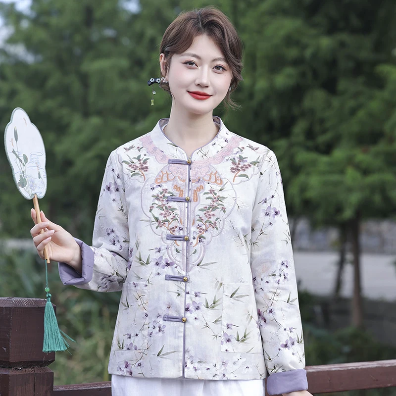 

Chinese Style Cotton Padded Jacket Women Winter Traditional Top Stand Collar Long Sleeve Outerwear Warm Mid-Age Embroidered Coat