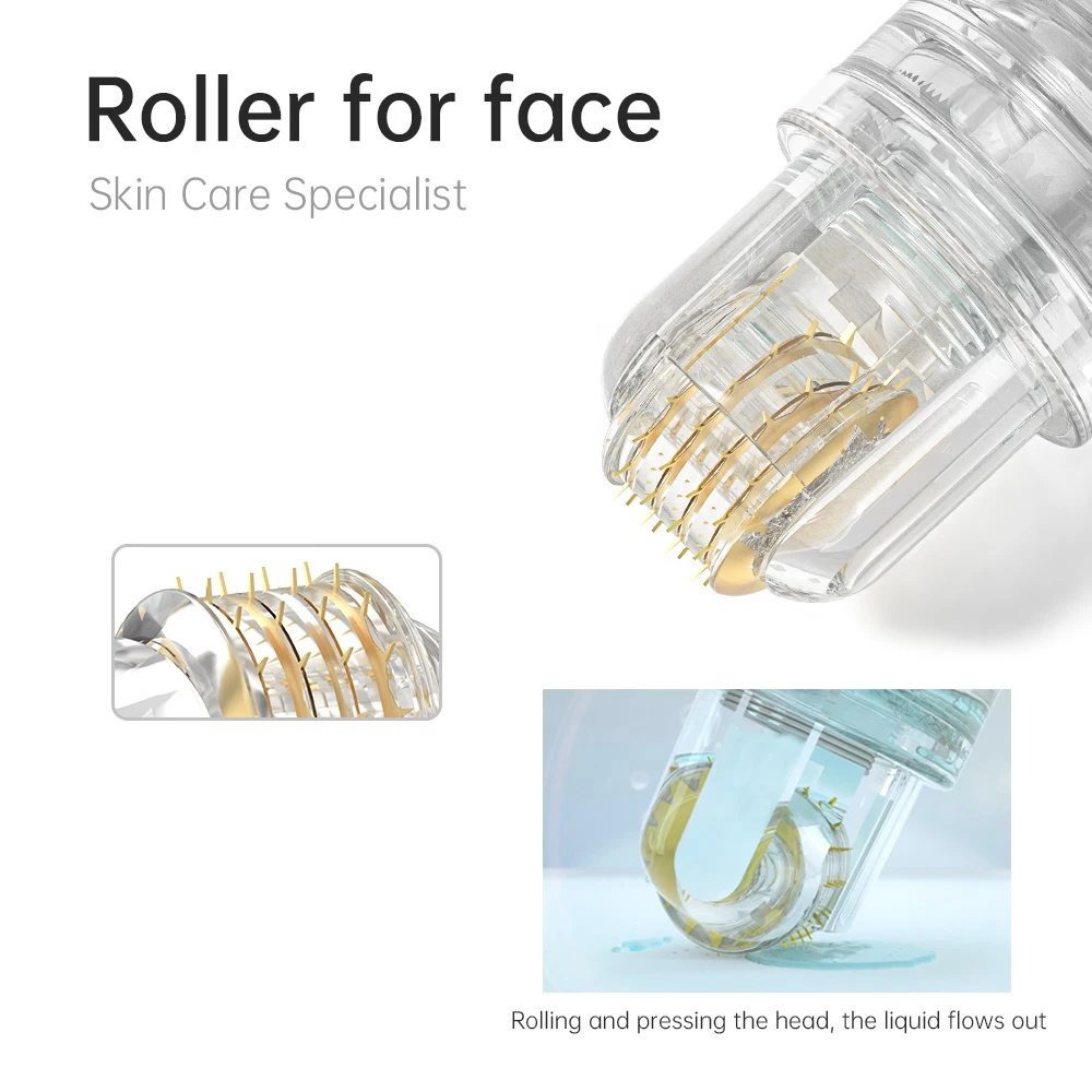 Facial Derma Roller com agulha de titânio dourada, Ferramentas aplicadoras de cuidados com a pele, Rolo Facial, Beleza do selo, Soro Dourado, 64