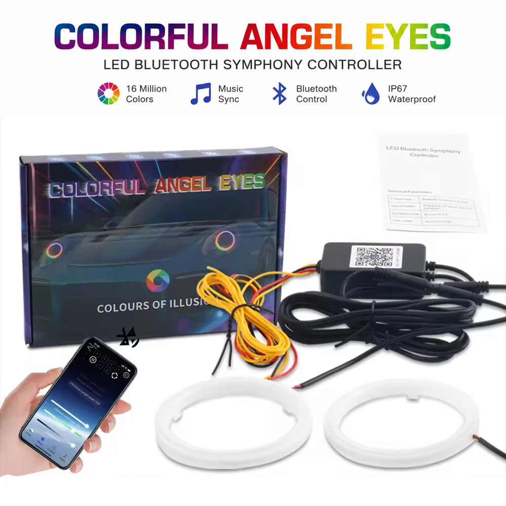 2 Stück RGB Baumwoll-LED Angel Eye Halo Ringe 60mm 70mm 80mm LED-Scheinwerfer für Auto UTV Motorrad DRL Eye Bluetooth APP-Steuerung