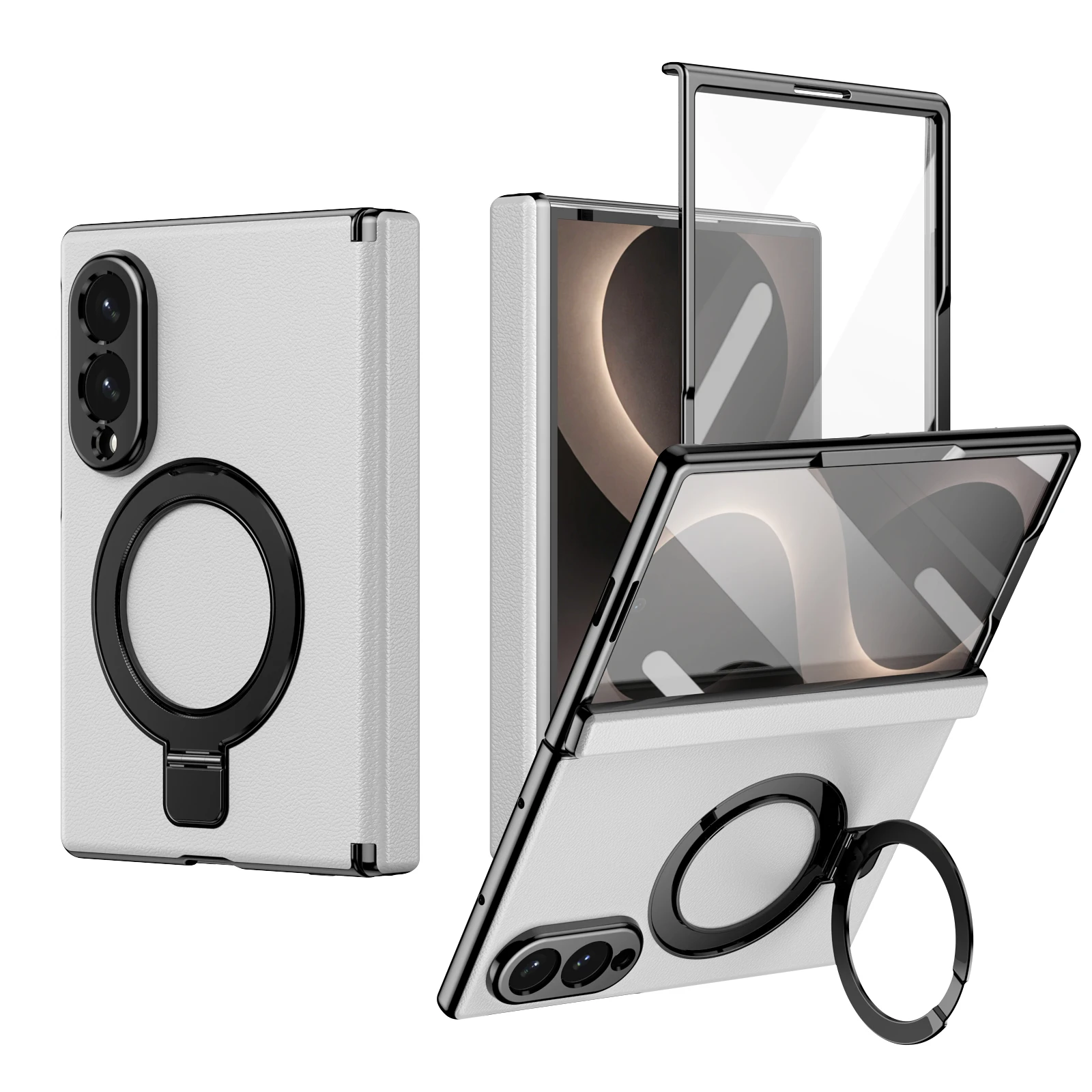 Leather Hinge Protection Case For Samsung Galaxy Z Fold 8 7 6 5 4 Ultra 360 Rotating Ring Holder Magnetic Wireless Charging