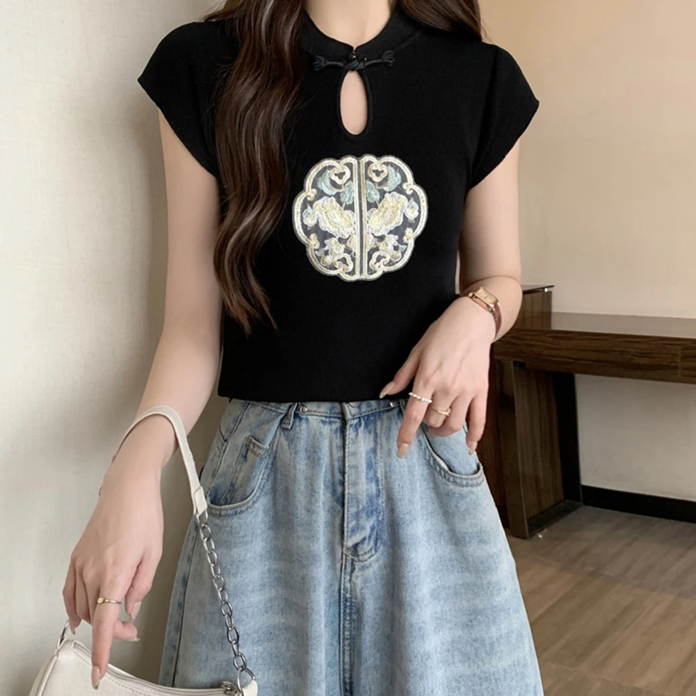 คอกระดุมปักกลวงด้านบนสวมใส่ทุกวันเสื้อผ้าความยาวปกติเสื้อผ้าเสื้อแขนสั้นสีแอปริคอท