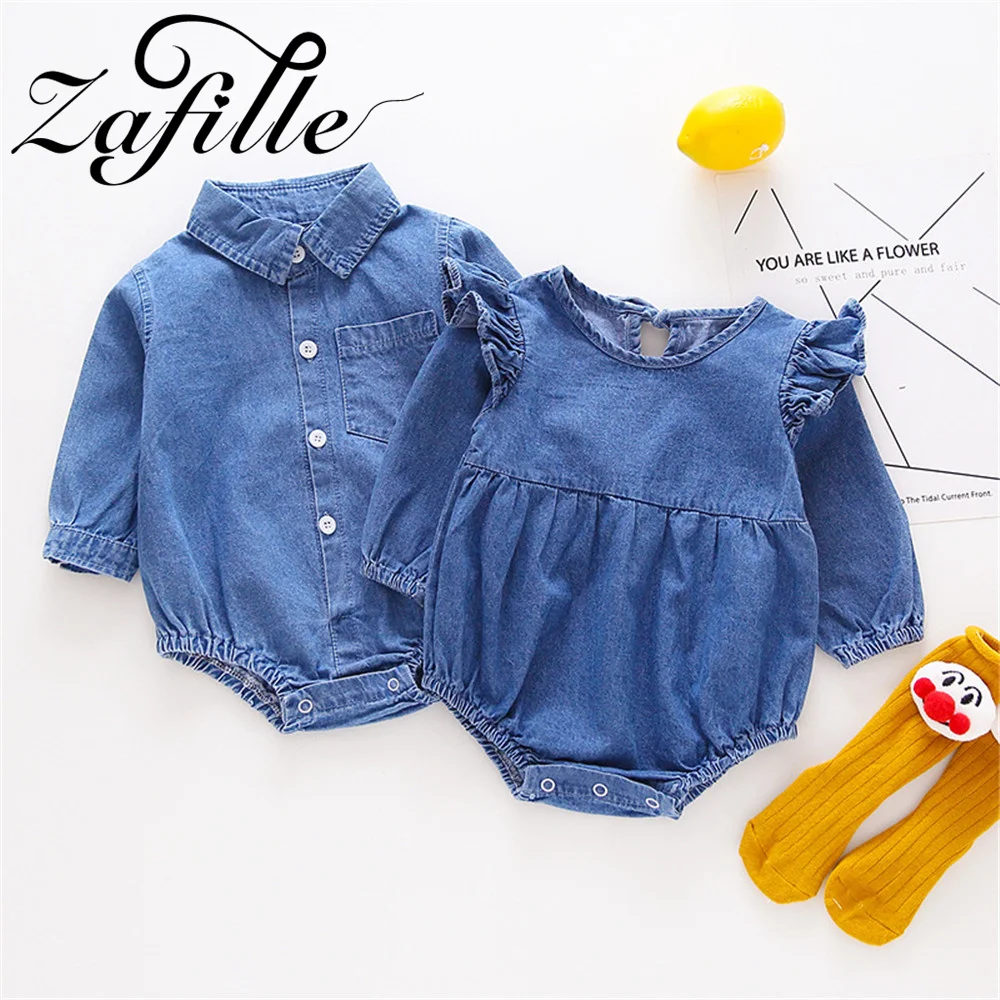 

ZAFILLE Denim Brother And Sister Outfits For Kids Boys Girls Clothing Bodysuit Solid Long Sleeve Baby's Rompers Toddler Costume