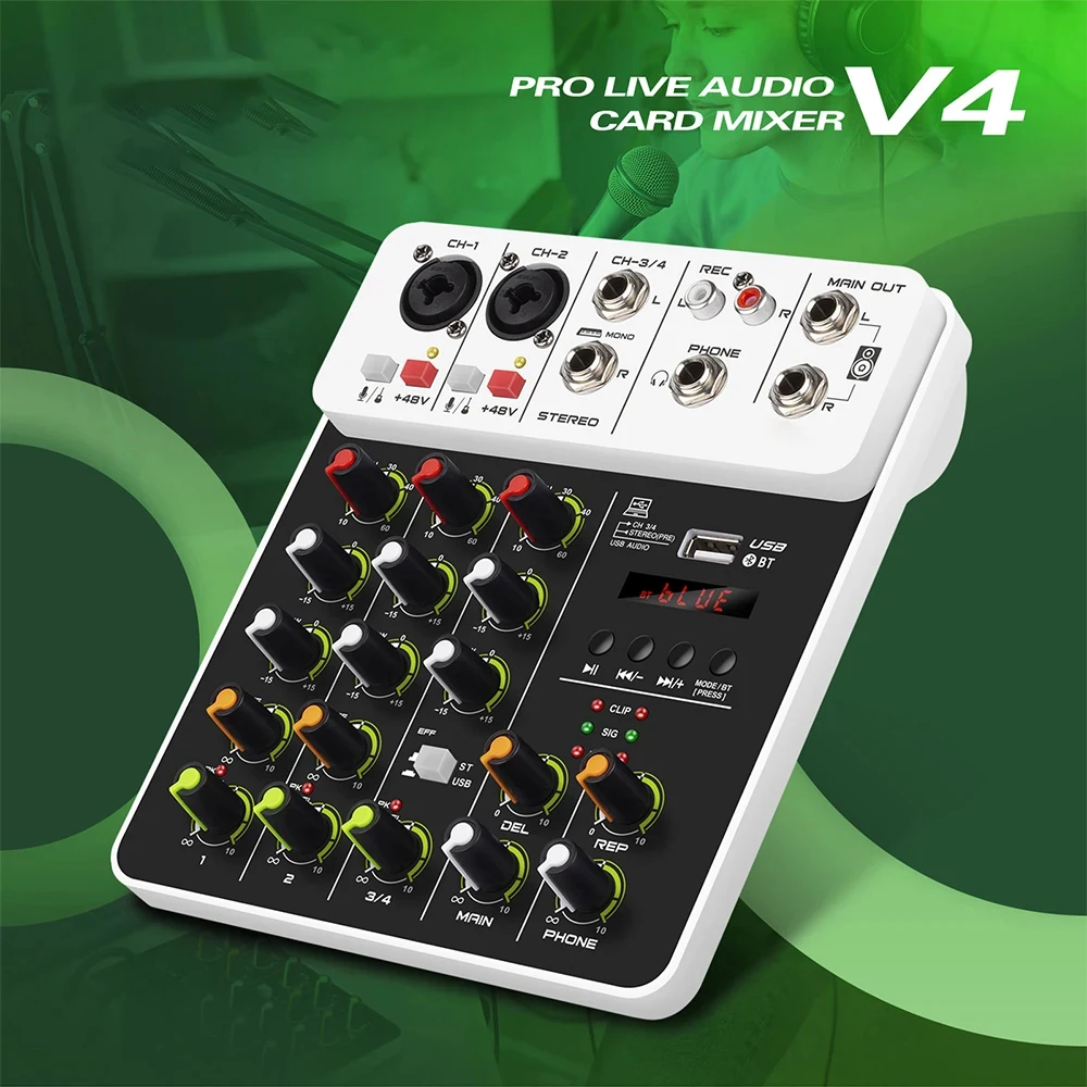 

V4 4 Channels Audio Mixer With Bluetooth USB 48V Phantom Power Delay Repaeat Effect For Sound Mixing Console PC Recording