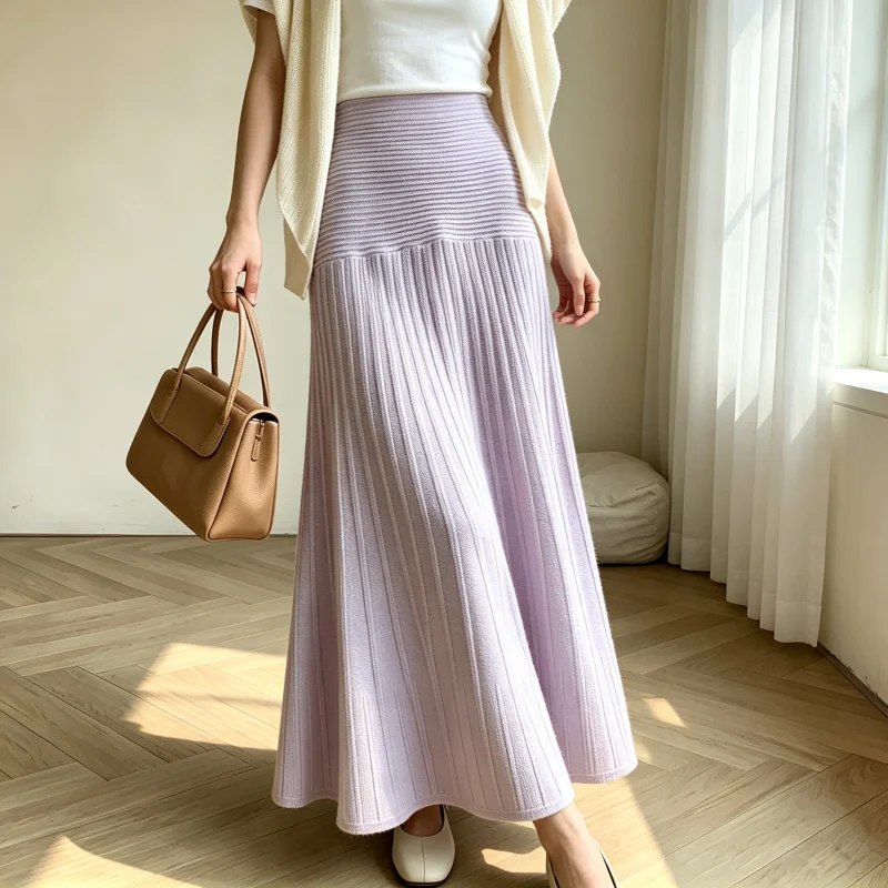 Women Ribbed Knit Pleated Midi Skirt Elastic High Waist A Line Flowy Long Skirt Korean Solid Color Casual Winter Knit Skirts