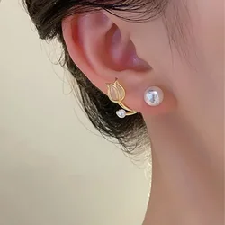 Luxury Gold Color Tulip Flower Opal Stud Earrings for Women Cute Pearl Clip Korea Earring Wedding Bride Jewelry Accessories Gift