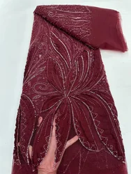 Burgundy Lace Fabric Dubai Crystal Beaded Fabrics 2024 African Lace Fabric 2024 High Quality 5YardS Elegant Party Dresses A703-1