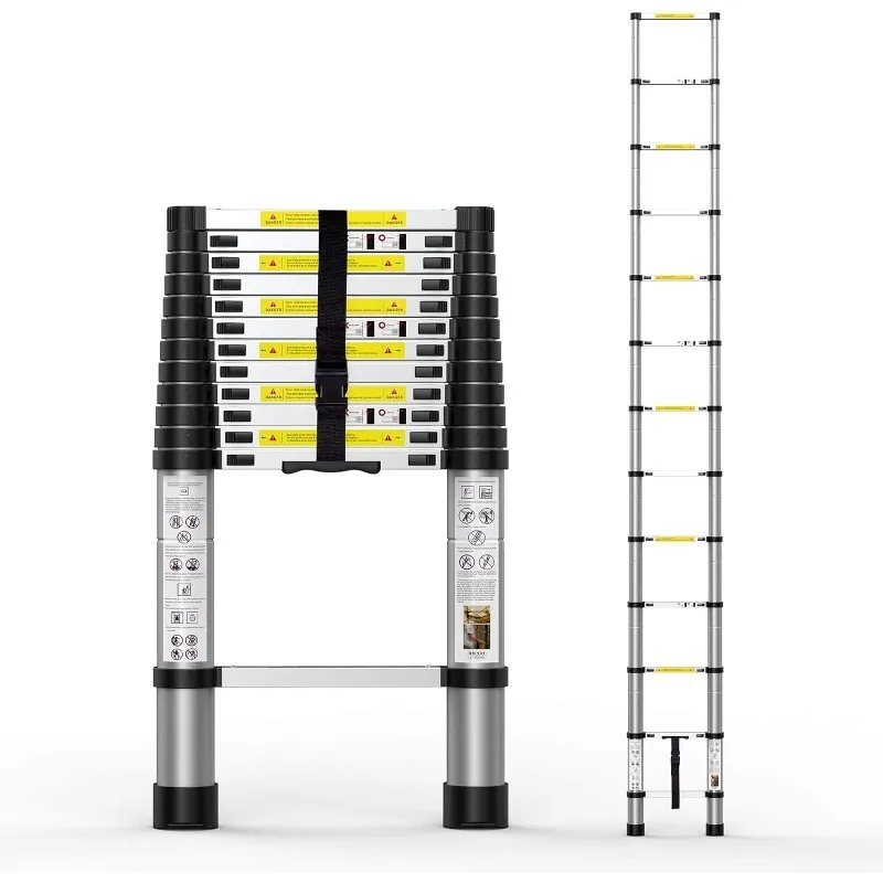 Escalera telescópica de 12,5 pies, escalones de extensión, retracción de un botón, escalera plegable de aluminio, diseño de reducción lenta