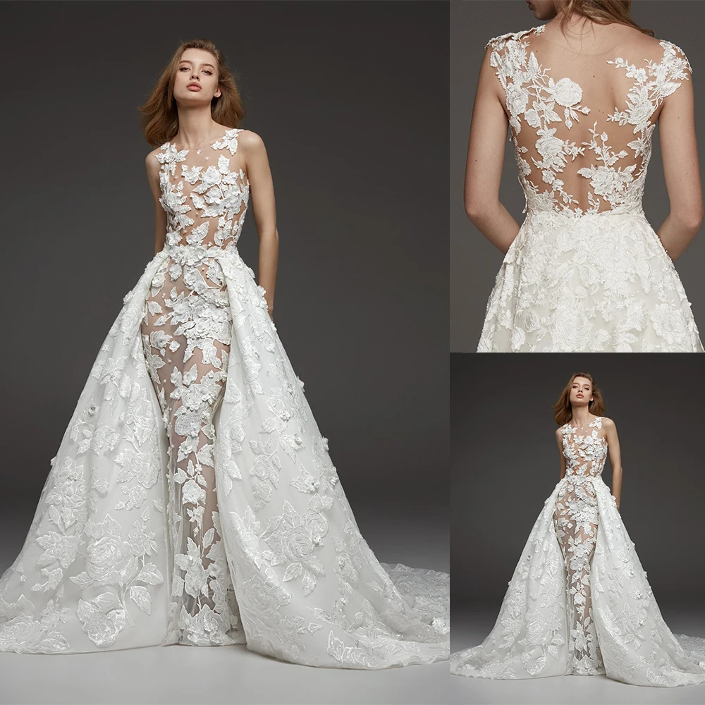 

Arabic Mermaid Wedding Dresses Bridal Gowns With Detachable Train Long Sleeve White Lace Appliqued Robe De Marie