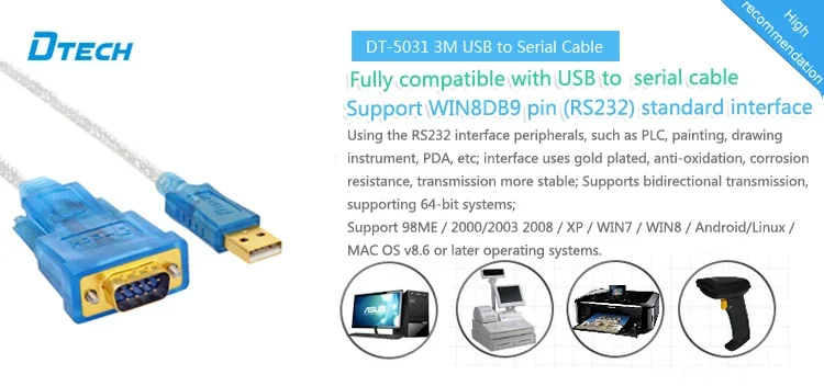 DTECH 3M Cabo Transparente DB9 Pin USB 2.0 para RS232 Conversor Serial Suporte Win7/8