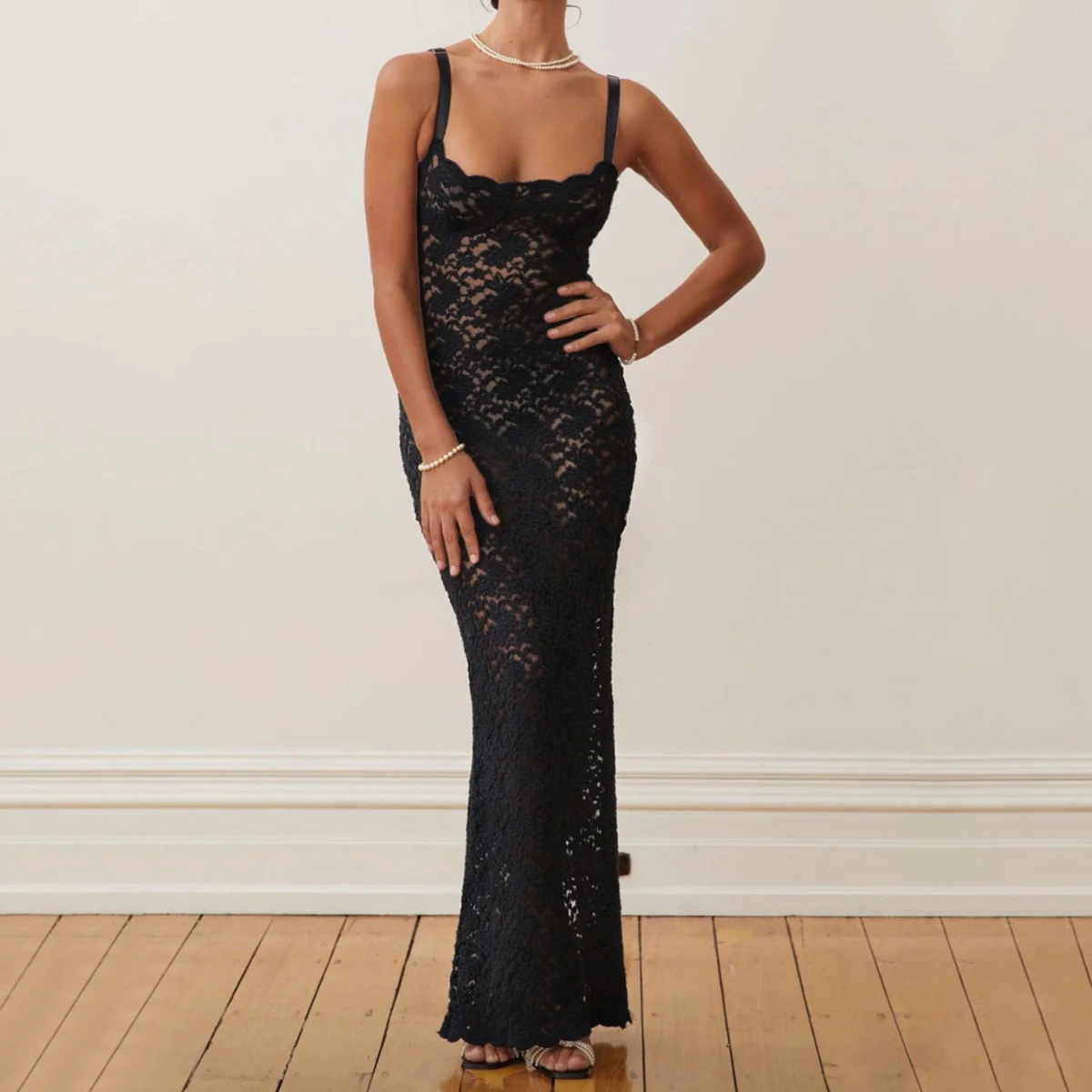 

Lace Long Dresses Women Weird Puss Maxi Dress Sexy See Through Sleeveless Sling Dress Zipper Fashion Party Slim Bodycon Vestidos