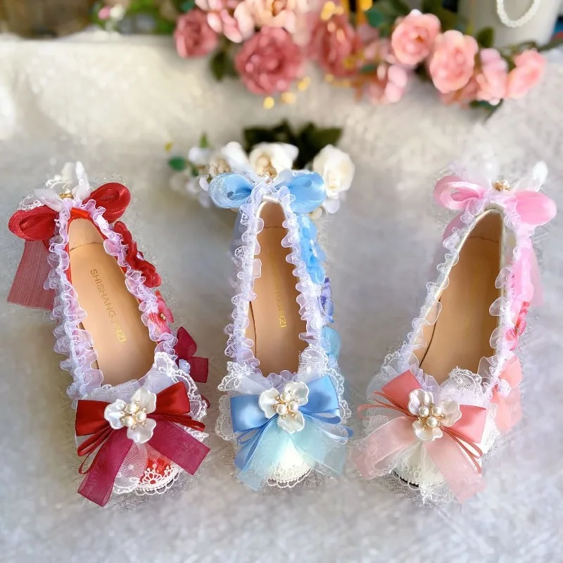 Original Handmade Lolita รองเท้ารองเท้าแต่งงานเจ้าสาว Gorgeous สตรีปั๊มสีชมพูรอบหัวรองเท้าส้นสูง Loli Tea Party รองเท้าส้นสูงสีชมพู