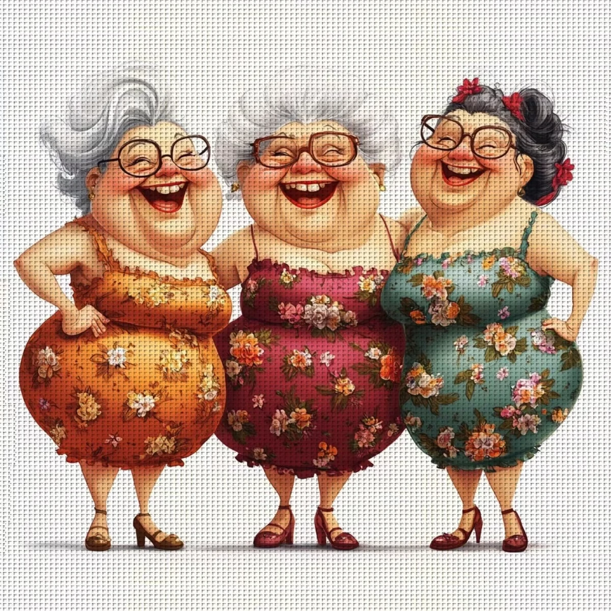 DIY Cheerful Old Ladies Diamond Painting, Funny Cartoon Grandmas In Floral Outfit Art For Living Room Wall Decoration Gift