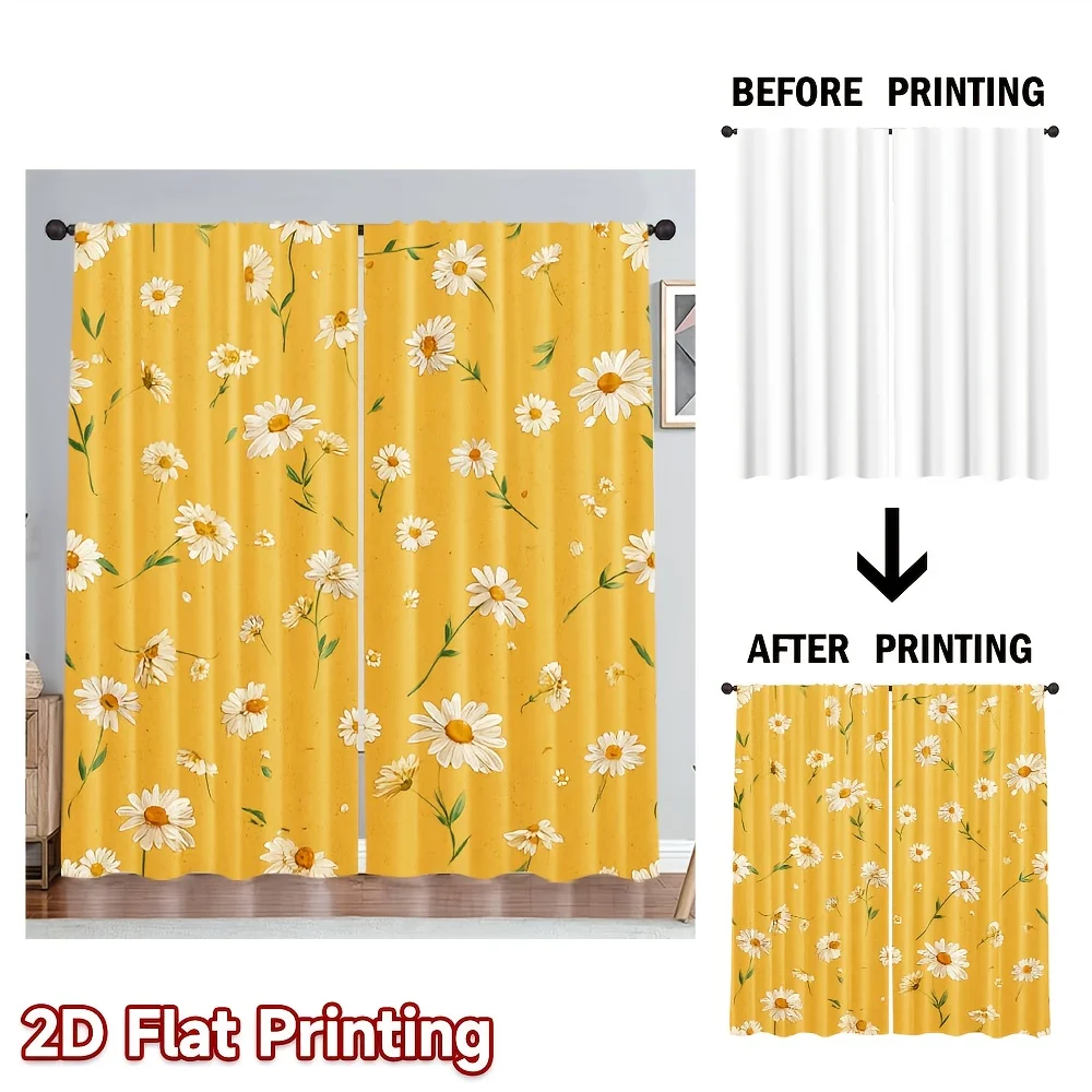 Sunny Yellow Daisy Floral Blackout Curtain Simple White Bloom Print Drape For Farmhouse Studio Cozy Warm Fresh Window Decor