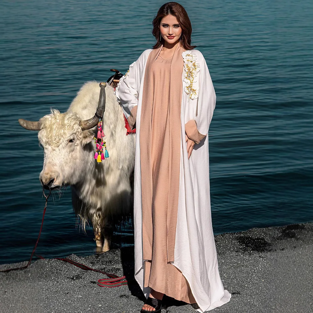 2025 Women's Casual Trendy Beading Elegant Loose 2 Piece Sets Cardigan Coats Inner Dresses Female Middle East Muslim New Fashion