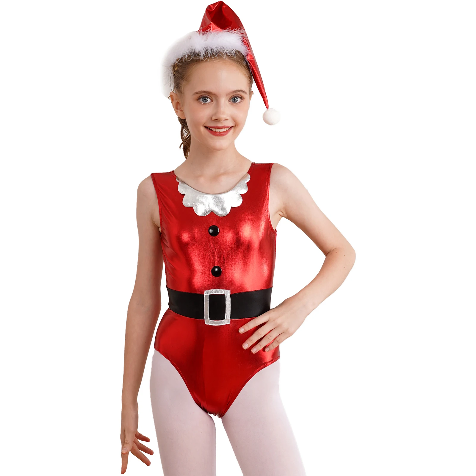 

Kids Girls Christmas Santa Claus Cosplay Costume Ballet Dancewear Sleeveless Bodysuit Dance Leotard Jumpsuit+Xmas Hat 2Pcs Set