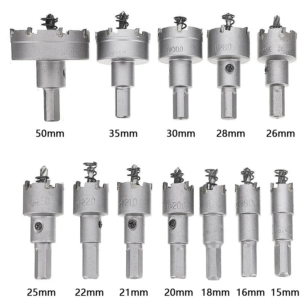 12 szt. 15-50 mm zestaw otwornic ze stopu węglików spiekanych TCT do wycinania metalu zestawy wierteł rdzeniowych do wiercenia koron w metalu ze stali nierdzewnej