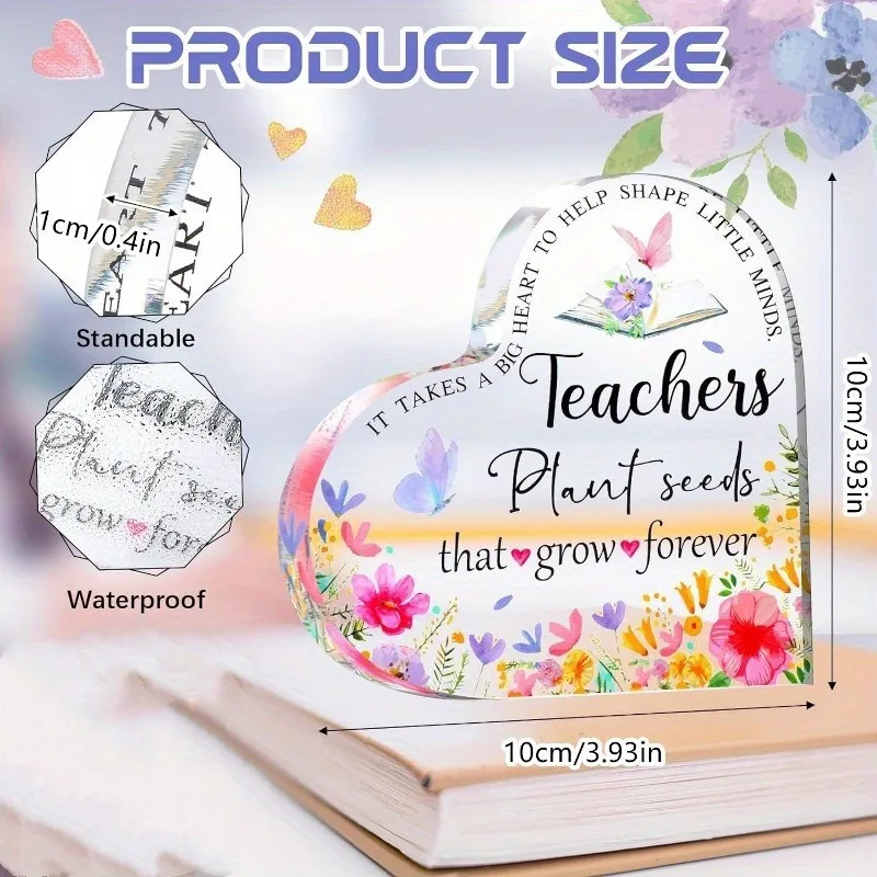 Acrylic Heart Teacher Appreciation Sign - Floral Butterfly 2D Design, Sentimental Gift for Party & Daily Tribute