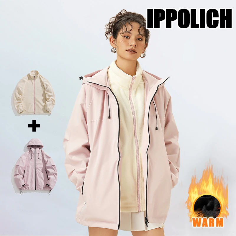 Unisex3 In 1 Hiking Jacket Hooded Coat Windproof Waterproof Warm Simple Trend Diagonal Zipper Pockets Outdoor Hiking Coat