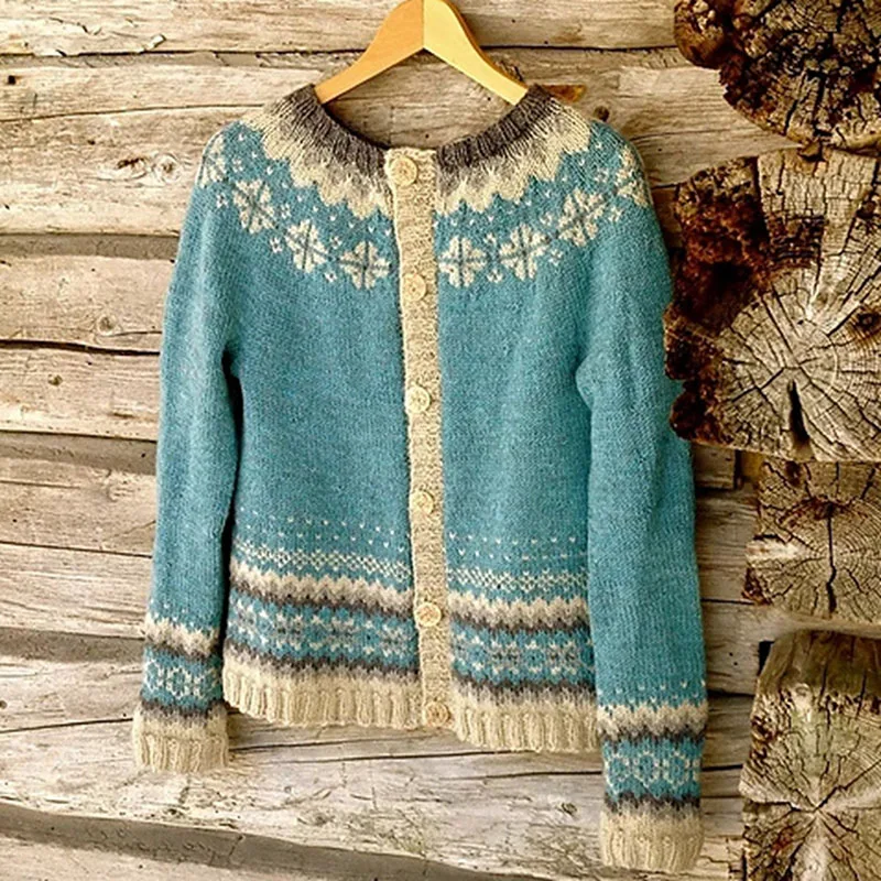 Etniczny retro żakardowy nadruk sweter z dzianiny sweter damski jesień wycięcie pod szyją jednorzędowy top zimowy z długim rękawem ciepła odzież