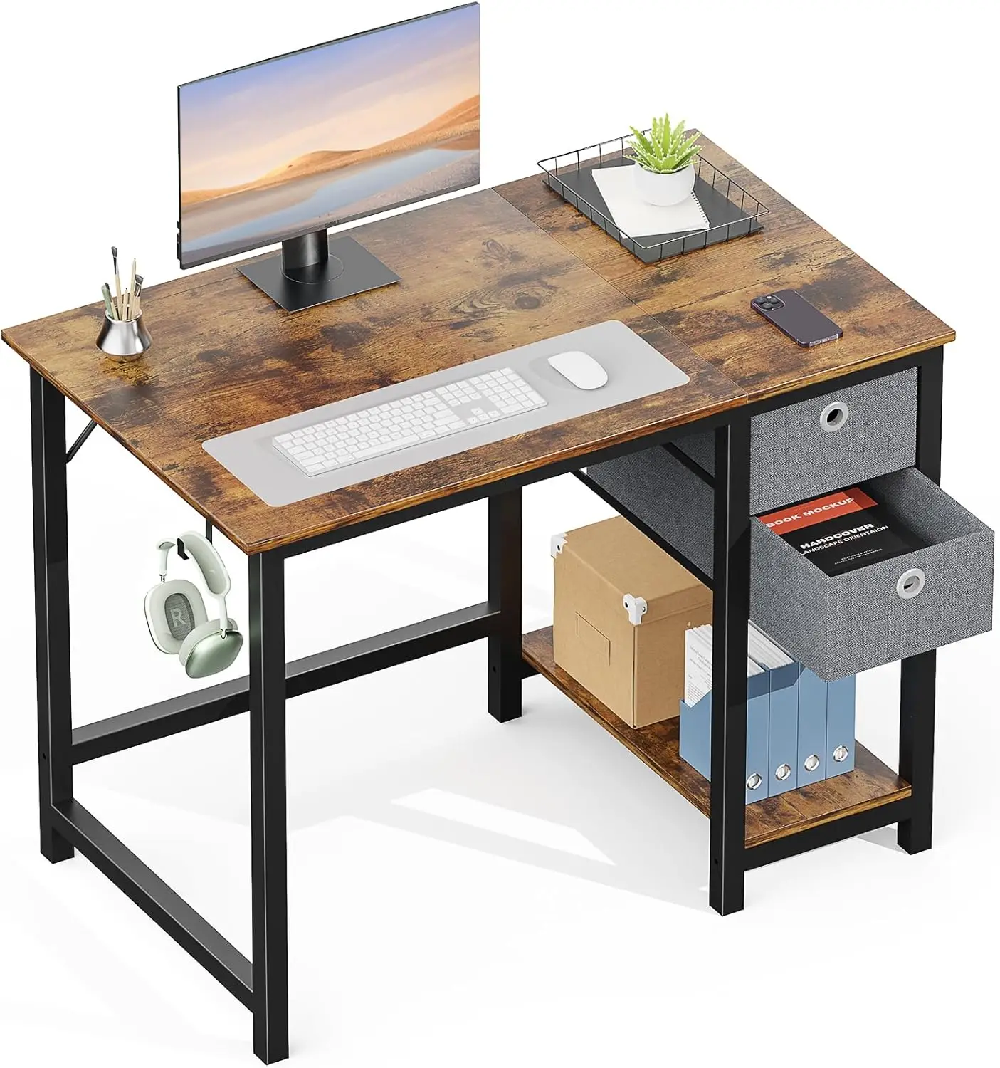 Computer Desk with Drawers 40 Inch Office Bedroom Writing Work Study 2-Tier Storage Drawers & Shelf Simple Wood PC Table