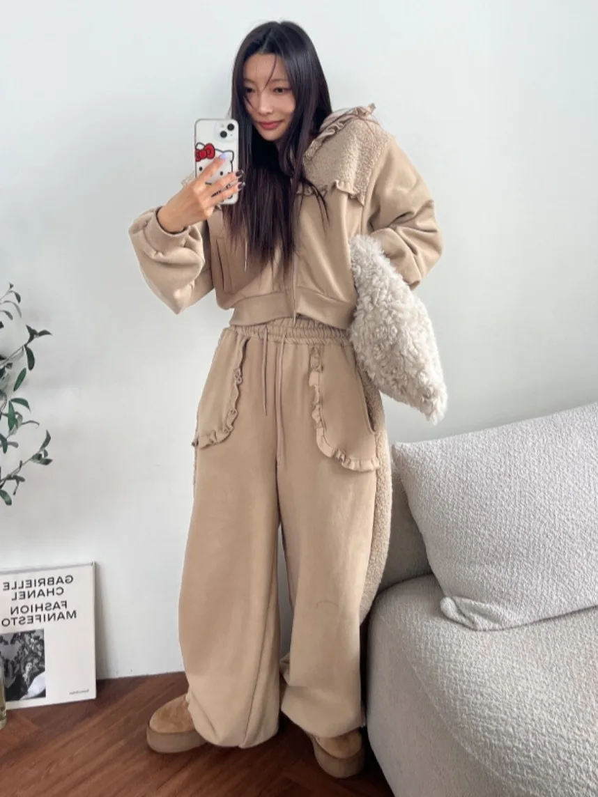 Lamb Fur Hoodie Jaet Women's High Waist Casual Pants Set Spring Autumn Design Sense Splicing Wood ain  Street Sle