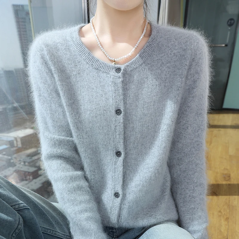 

100% Mink Cashmere Women Cardigan Sweater O Neck Button Design Basic Knitwear Autumn Winter Solid Color Top Casual Clothing