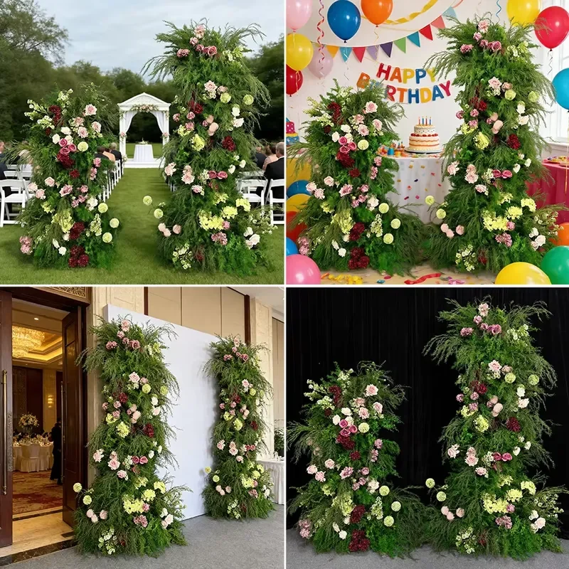 A Vibrant Realistic Silk Spring-like Backdrop of Greenery and Pink Floral Arches for an Outdoor Wedding