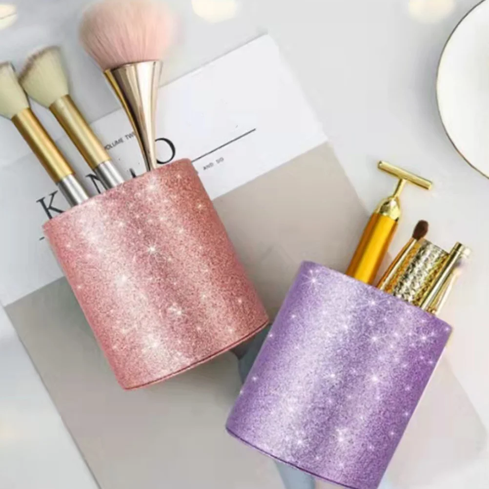 

Penholder Glitter Office Storage Bins Desk Organizer Makeup Brush Cup Pu Desktop Stationery