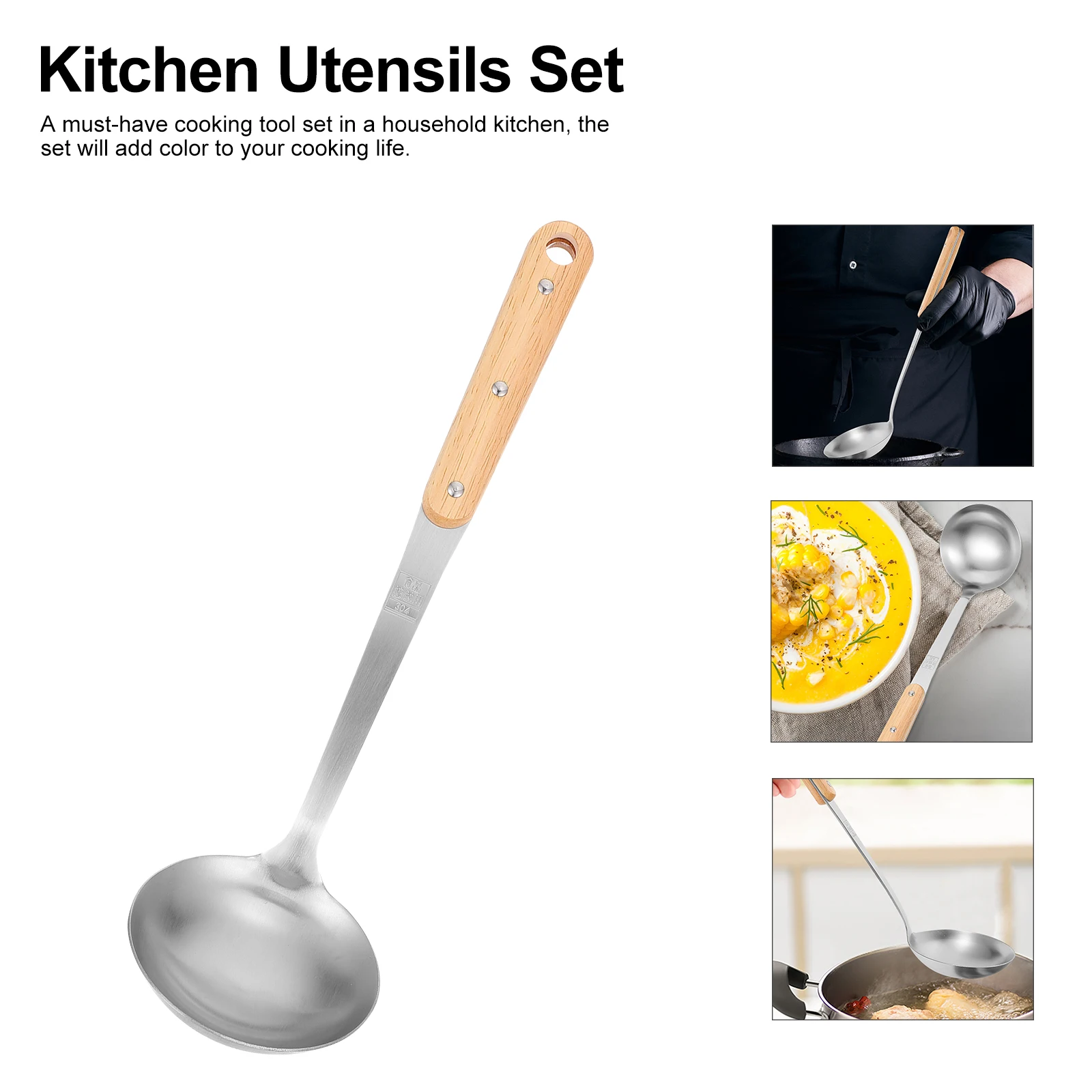 

Stainless Steel Kitchenware Set Corrosion Resistant Wooden H Cooking Gadgets Soup Ladle Spoon Utensils Practical Design