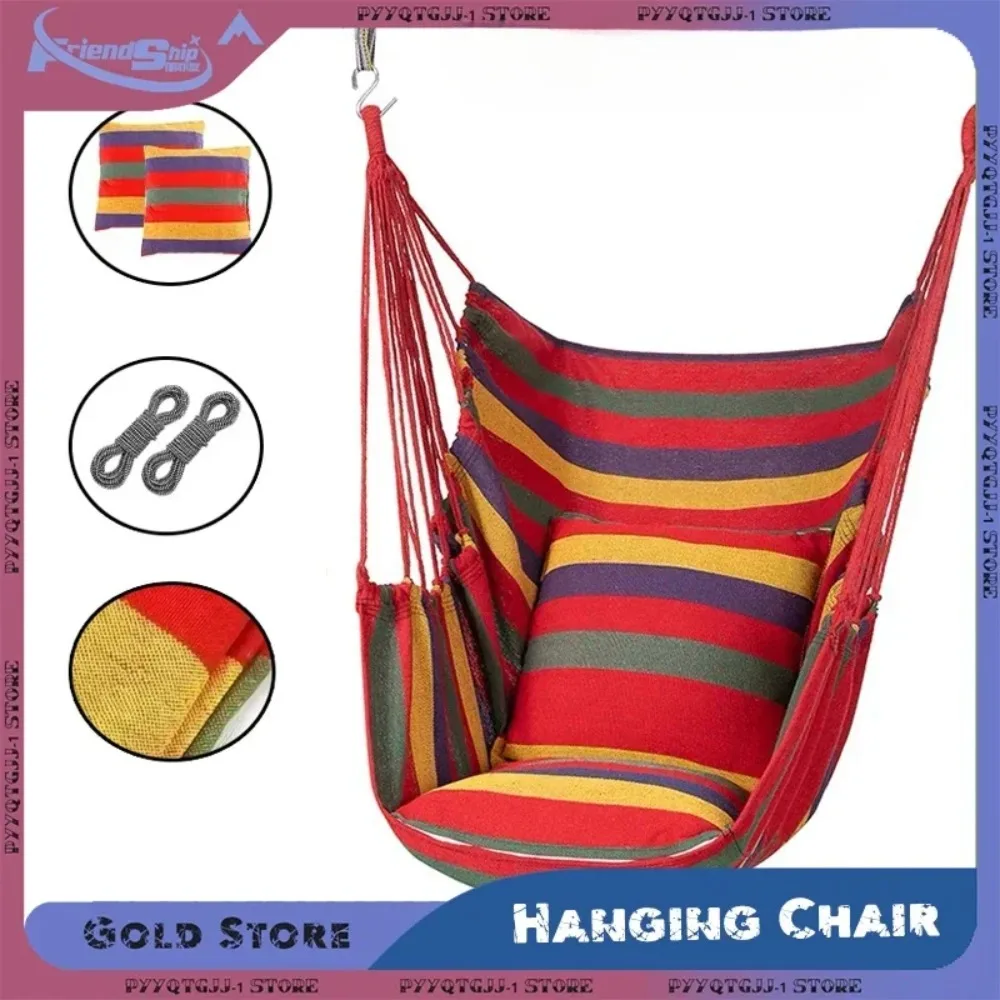 200KG Capacity Stripes Canvas Hammock Chair Thick for Garden Swing Seat Patio Camping Beach Dormitory Leisure with Storage Bag