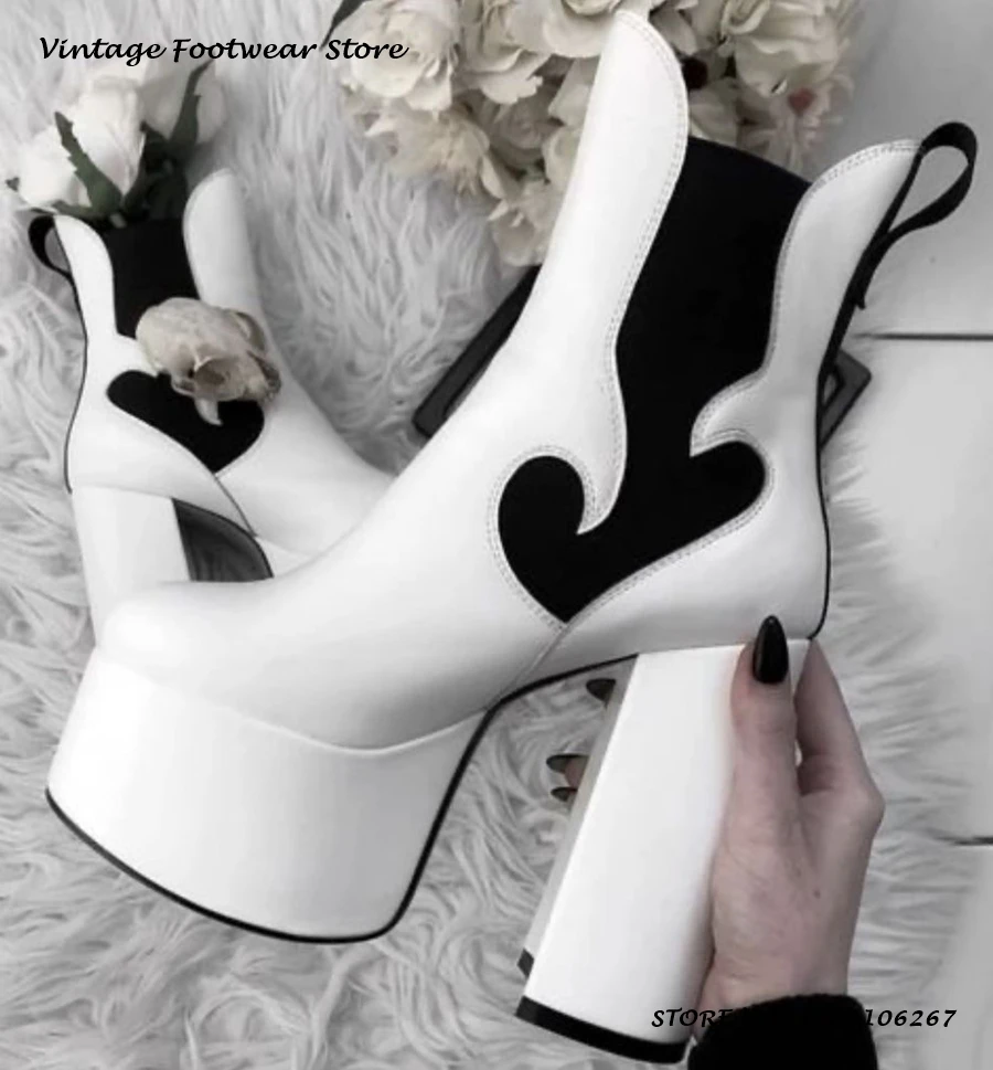 Patchwork Platform Ankle Boots Fashion Round Toe Chunky Heel Plus Size Shoes Women's Y2K Western Festival Party Stage Booties