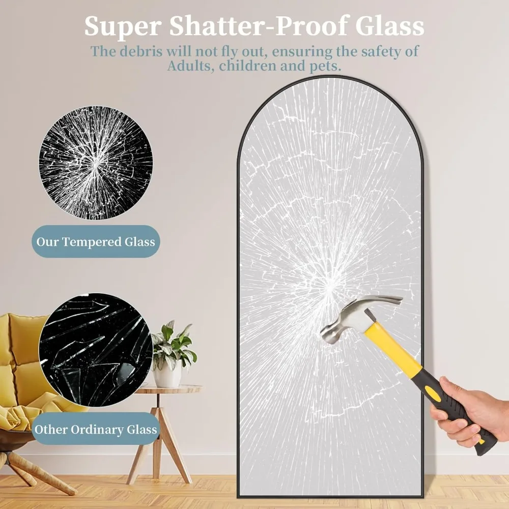 Grote vloerstaande gebogen full-body spiegel met aluminium frame, 71x28 inch, vrijstaande spiegel over de volledige lengte voor thuis