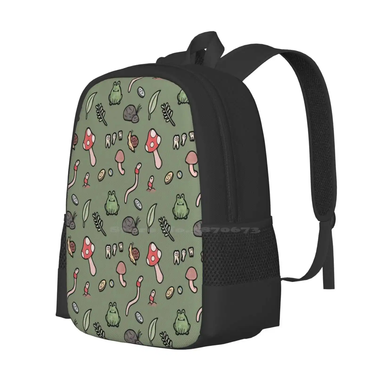 Goblincore-Green Pattern Design Bagpack School Bags Goblincore Aesthetic Cute Kawaii Chibi Mushroom Frog Bugs Worms Cottagecore